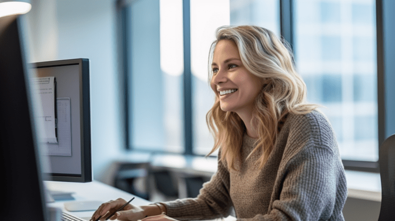 Riding the Wave of Financial Software: Unleash the Power of Streamlined Bookkeeping and Financial Management 1 CPollinger A side view of a late 30s white woman looking at a c ff625773 b2de 407e a49b 740361306d6b