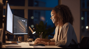 CPollinger A side view of a late 30s woman working on a compute b275df0f c61e 49b0 9797 f4eeec61f02d